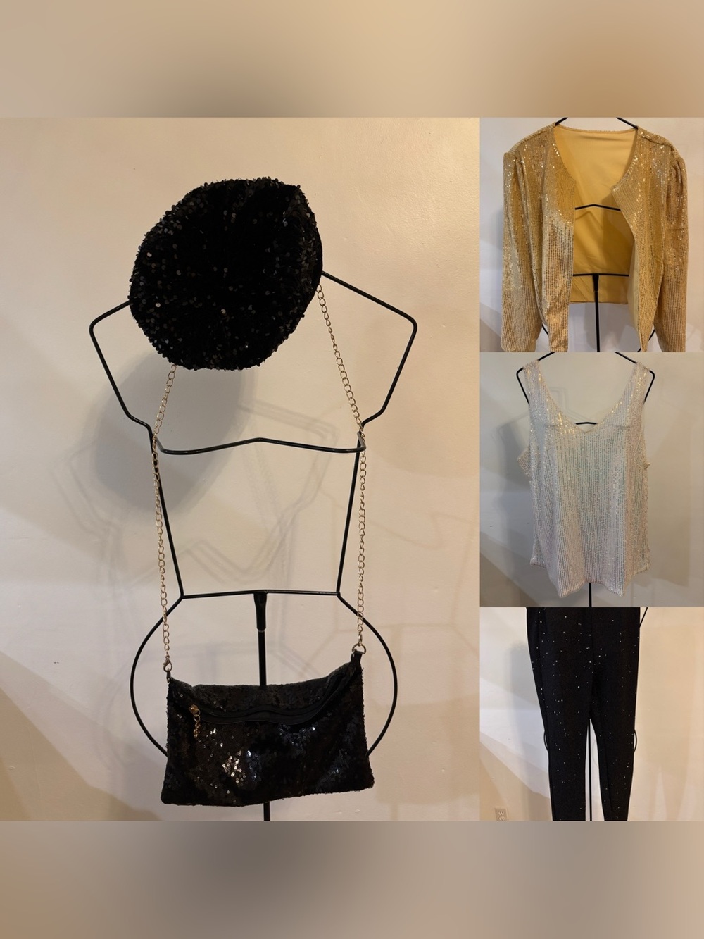 Sequin Outfit Bundle top, jacket, pant, purse and beret
